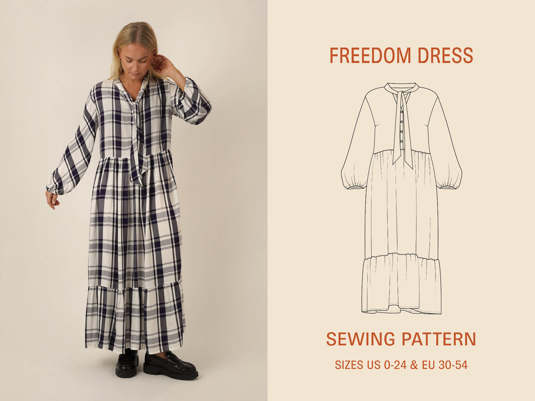 Woman wearing a Freedom dress sewing pattern in a plaid fabric next to a sewing pattern illustration on a beige background