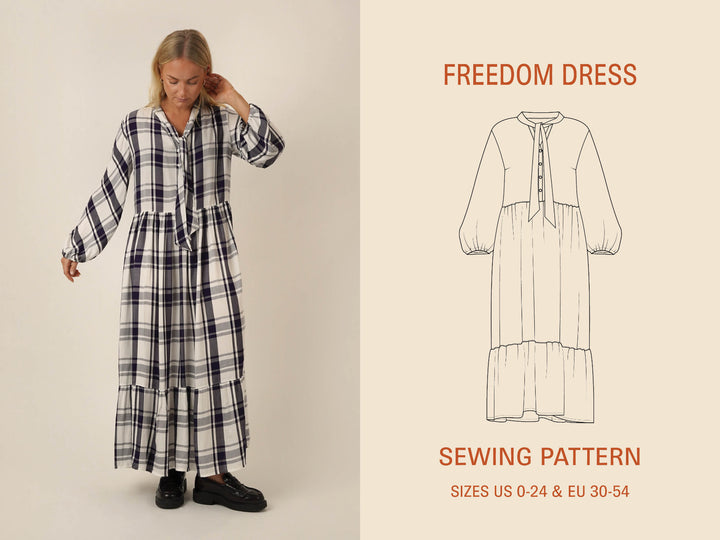 Woman wearing a Freedom dress sewing pattern in a plaid fabric next to a sewing pattern illustration on a beige background