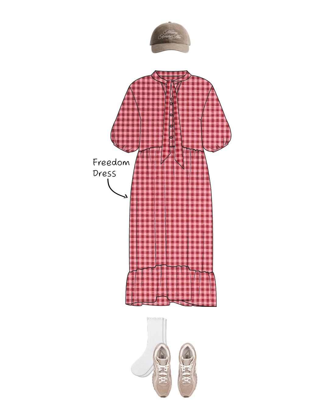 Red checkered Freedom dress sewing pattern with beige sneakers, white socks, and a cap on a white background.