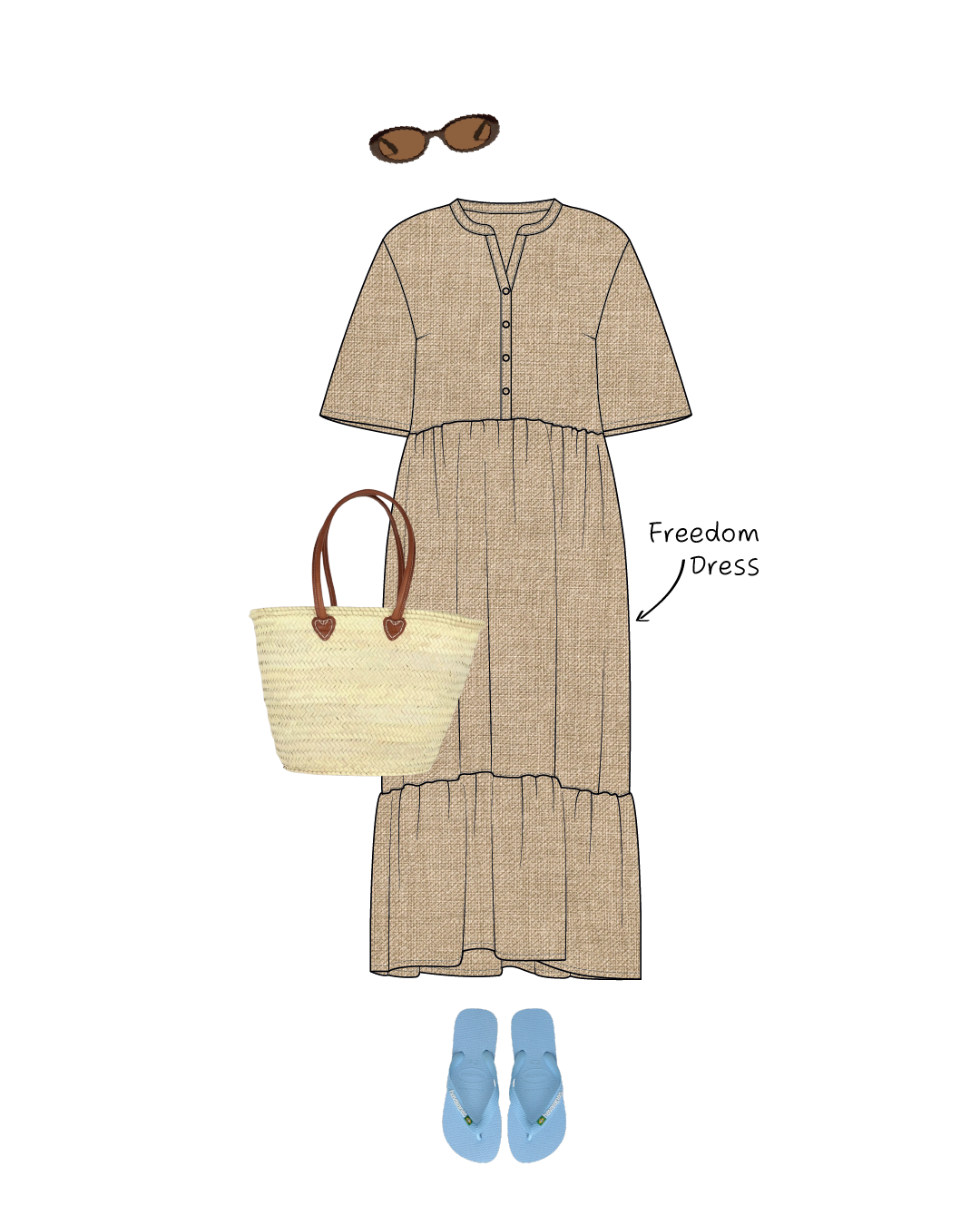 Illustration of a beige  Freedom dress sewing pattern with accessories on a white background