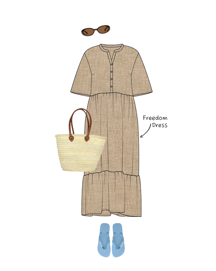 Illustration of a beige  Freedom dress sewing pattern with accessories on a white background