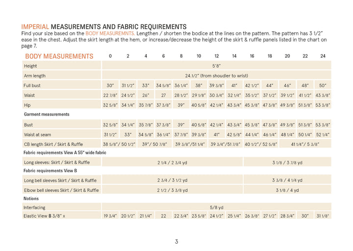 Freedom_Dress_sewing_pattern_imperial_measurement chart