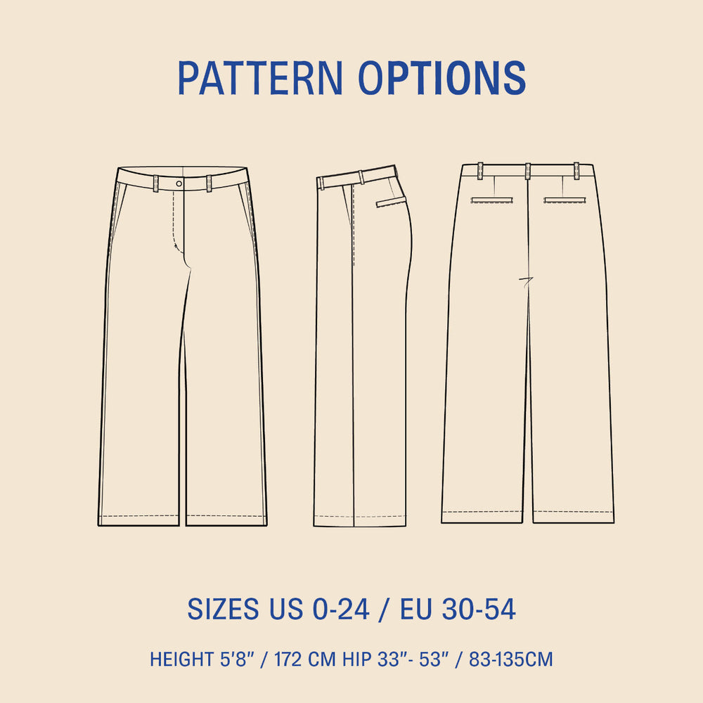 Illustration of the Hepburn pants with pattern options and size information on a beige background