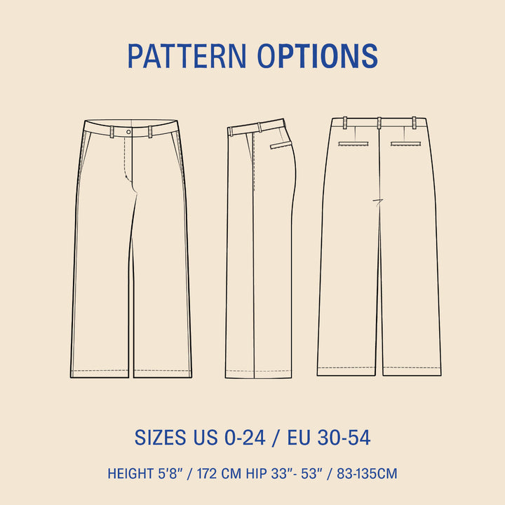 Illustration of the Hepburn pants with pattern options and size information on a beige background