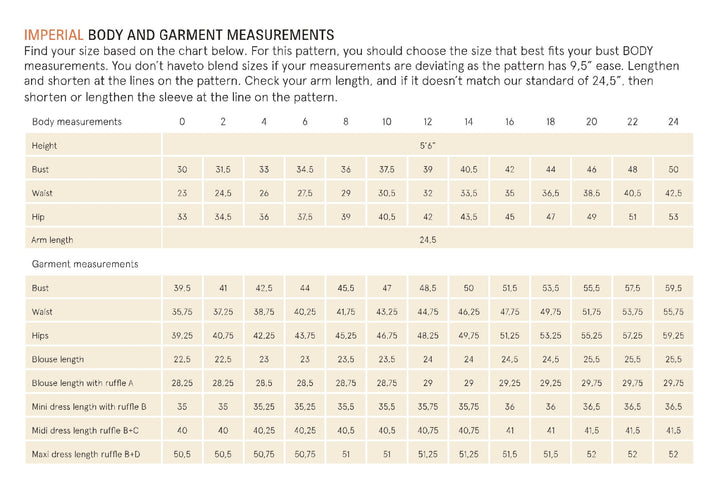 Body and garment measurements chart for clothing patterns