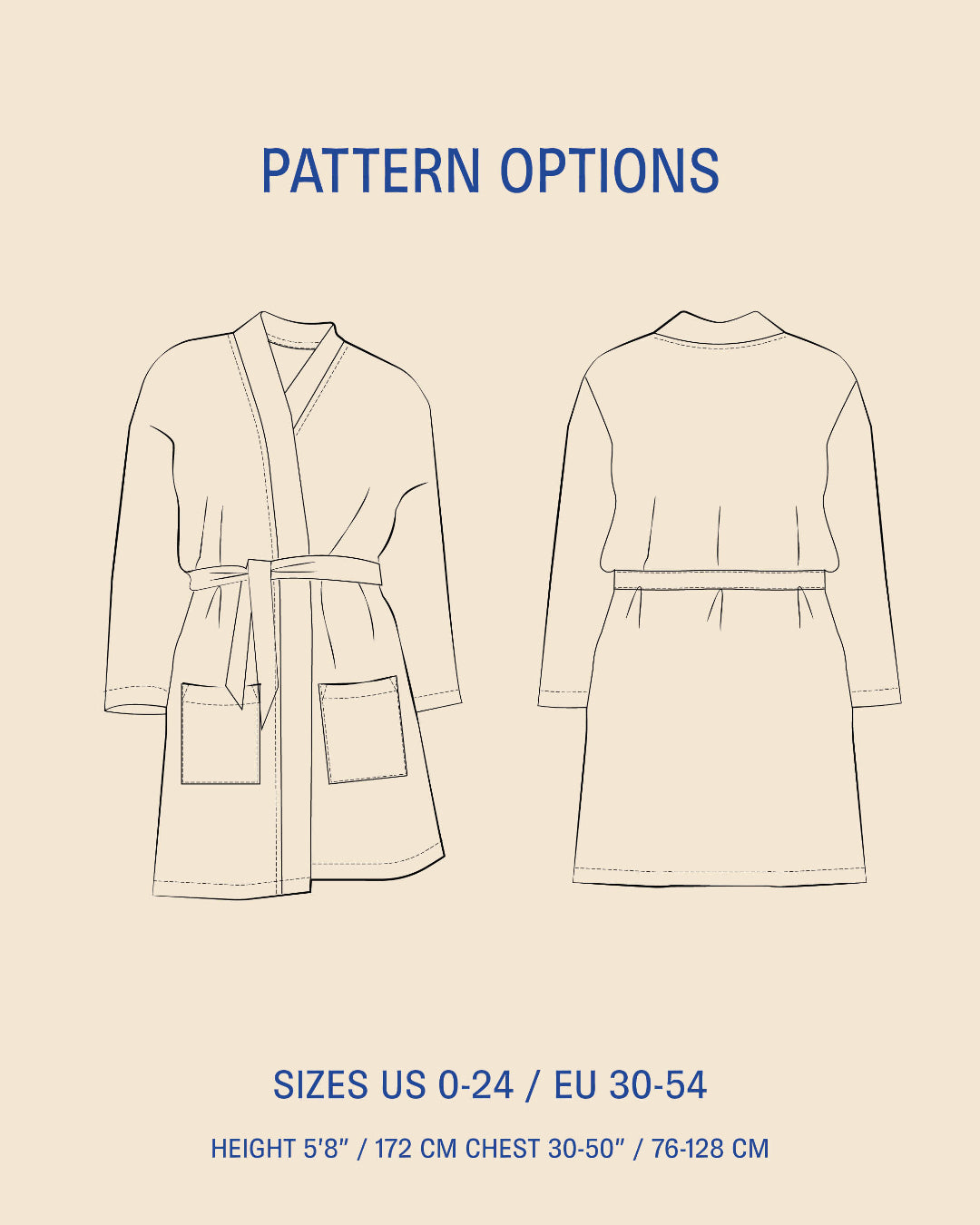 Pattern options diagram showing front and back line drawings of a robe with text reading 'PATTERN OPTIONS' and size information at the bottom on a beige background.
