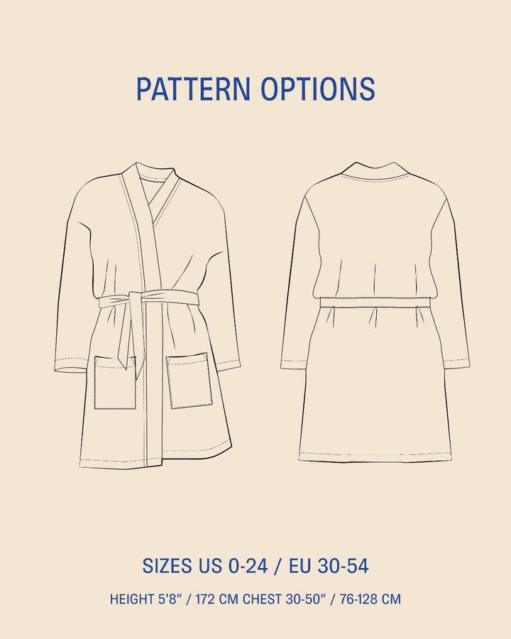 Pattern options diagram showing front and back line drawings of a robe with text reading 'PATTERN OPTIONS' and size information at the bottom on a beige background.