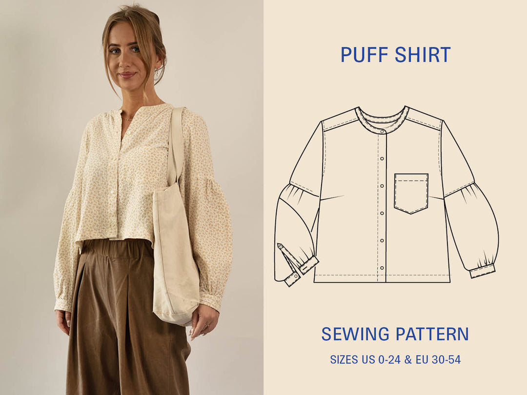 Woman wearing a beige puff shirt with a sewing pattern illustration on a beige background