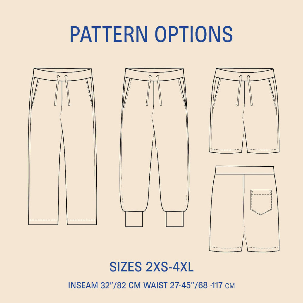 Illustrated pattern options for the rebel Sweatpants sewing pattern