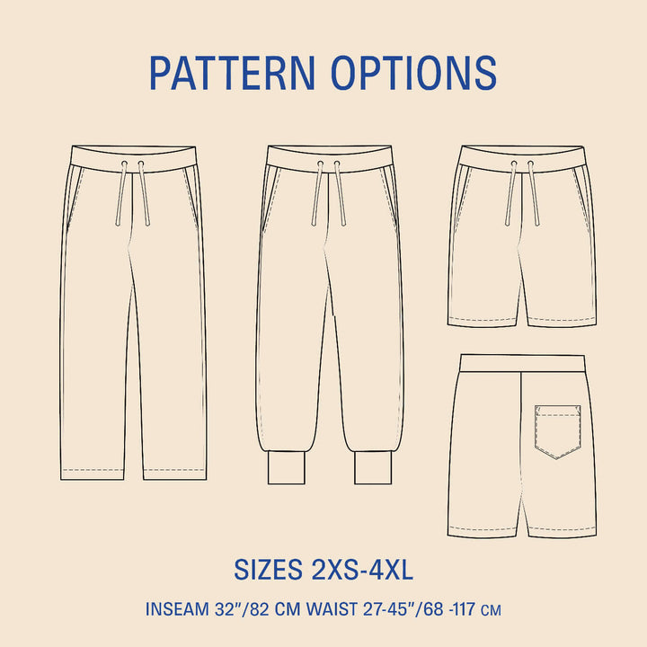 Illustrated pattern options for the rebel Sweatpants sewing pattern