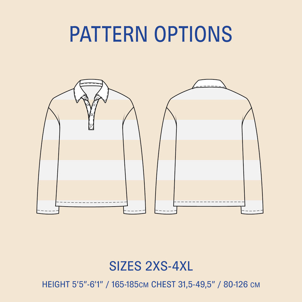 Rugby Polo Shirt sewing pattern with front and back views and size options 2XS-4XL, featuring height and chest measurements.