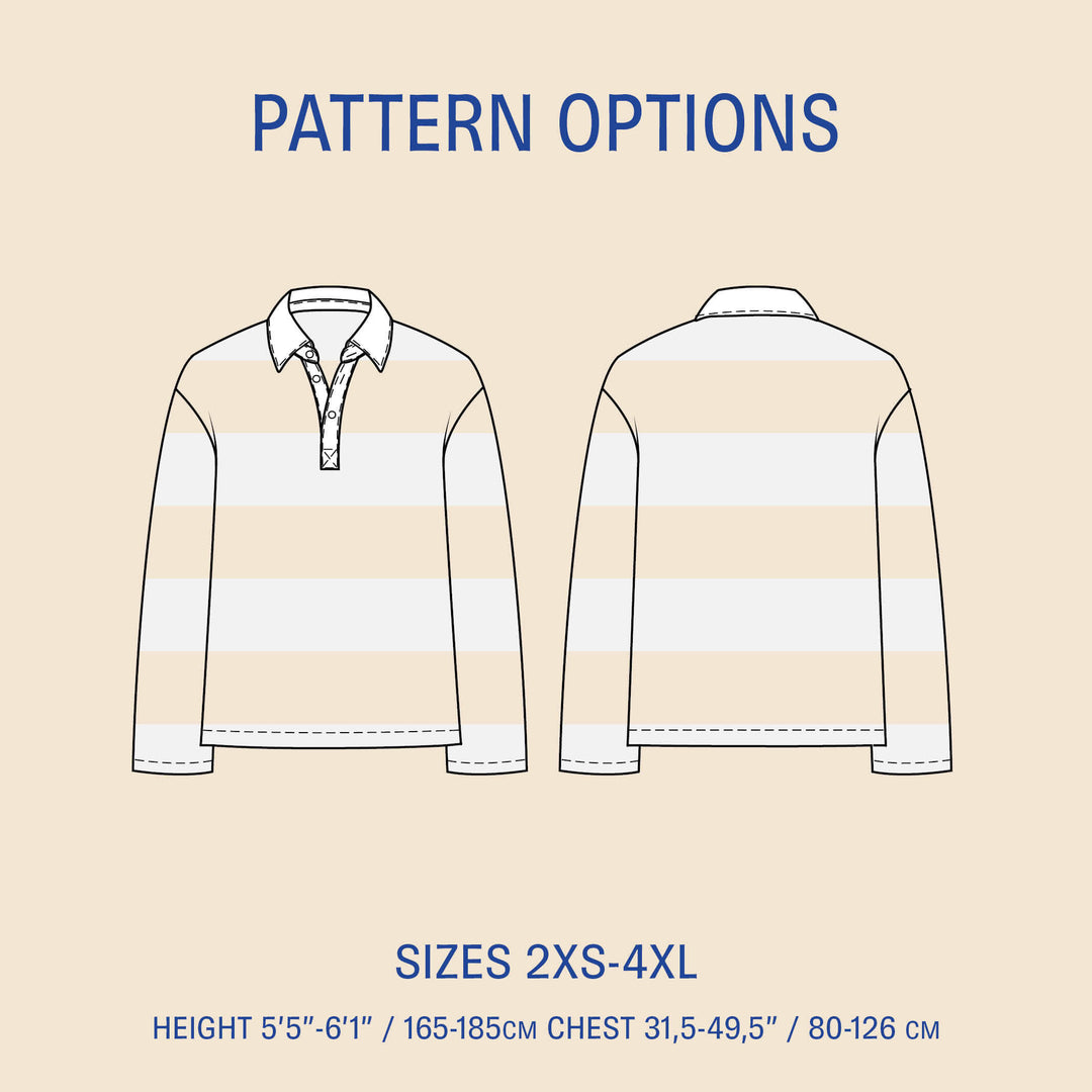 Rugby Polo Shirt sewing pattern with front and back views and size options 2XS-4XL, featuring height and chest measurements.