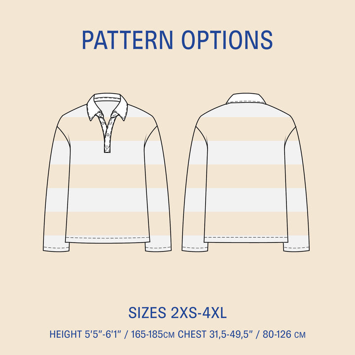 Rugby Polo Shirt sewing pattern with front and back views and size options 2XS-4XL, featuring height and chest measurements.
