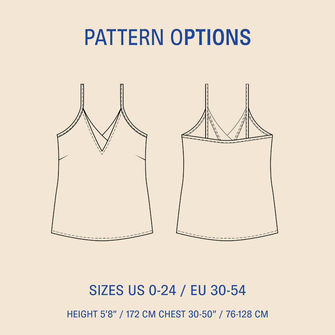 Pattern options for a V-neck camisole tank top with size and height specifications on a beige background
