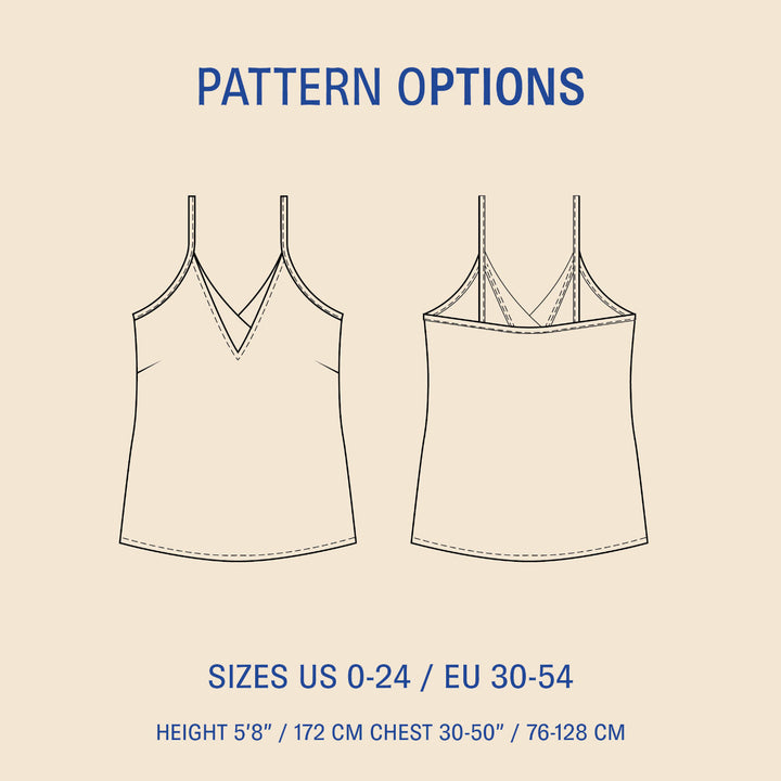 Pattern options for a V-neck camisole tank top with size and height specifications on a beige background