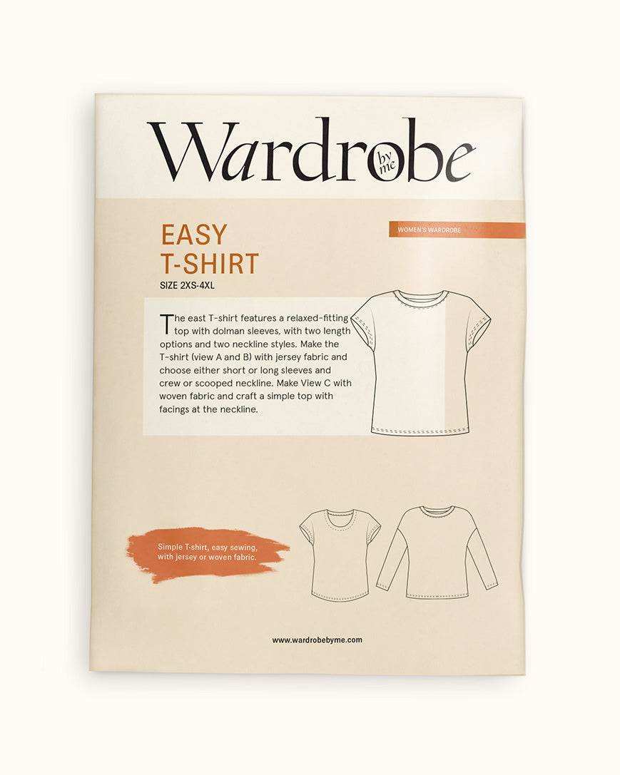 Easy t-shirt sewing pattern featuring relaxed fitting with Dolman sleeves and neckline options.