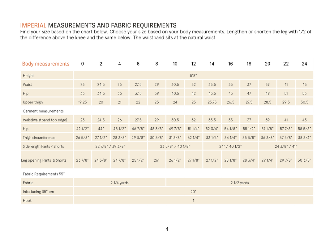 Bermuda Pants and Shorts Sewing Pattern body measurement chart with size details and fabric requirements.