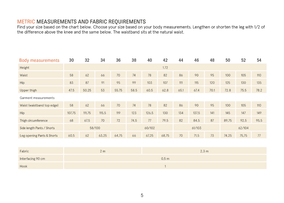Bermuda Pants and Shorts Sewing Pattern measurement chart with body and garment sizes for tailored fit.