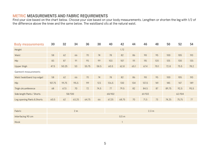 Bermuda Pants and Shorts Sewing Pattern measurement chart with body and garment sizes for tailored fit.