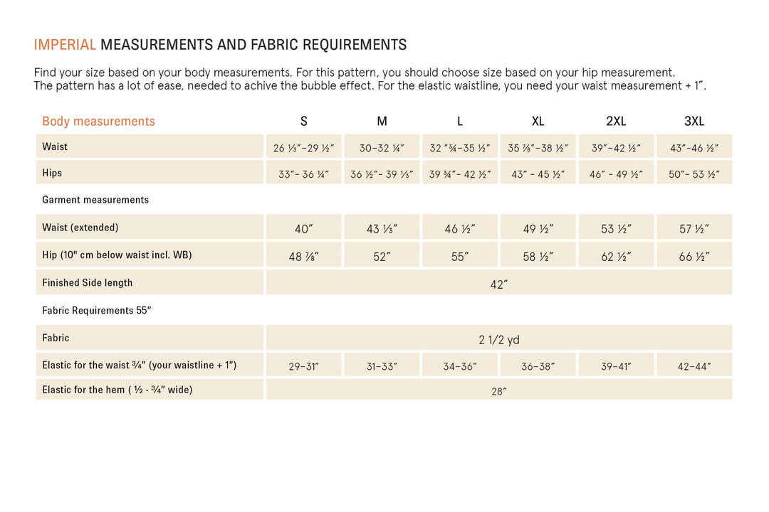 Measurement chart for a bubble pants sewing pattern, including fabric requirements, body measurements, and fabric details.