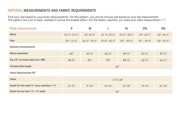 Measurement chart for a bubble pants sewing pattern, including fabric requirements, body measurements, and fabric details.