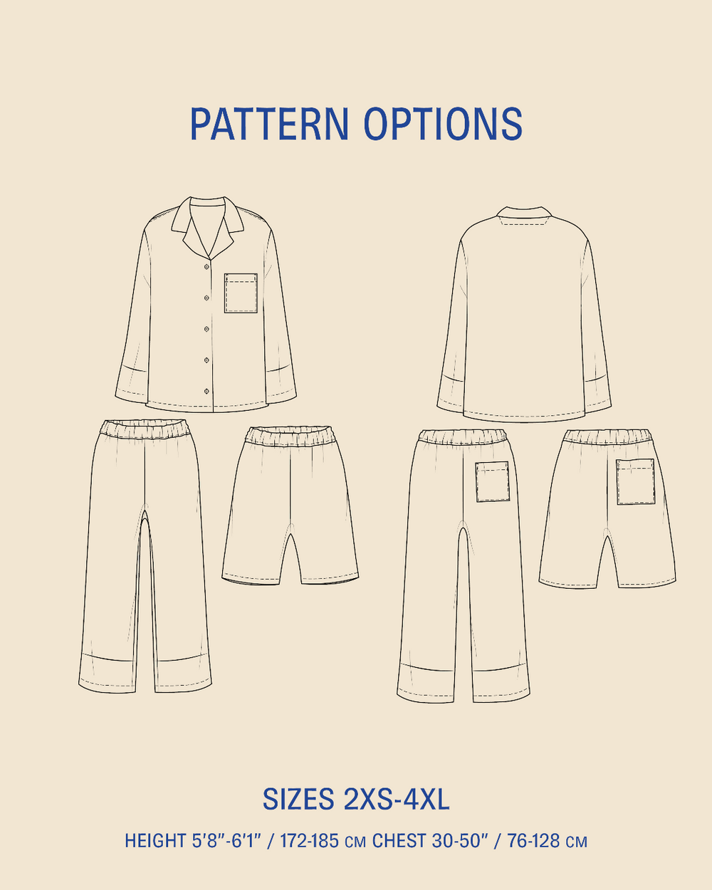 Pattern options diagram showing front and back line drawings of a long-sleeve button-front top with matching shorts, on a beige background with blue text reading 'PATTERN OPTIONS' and size information.