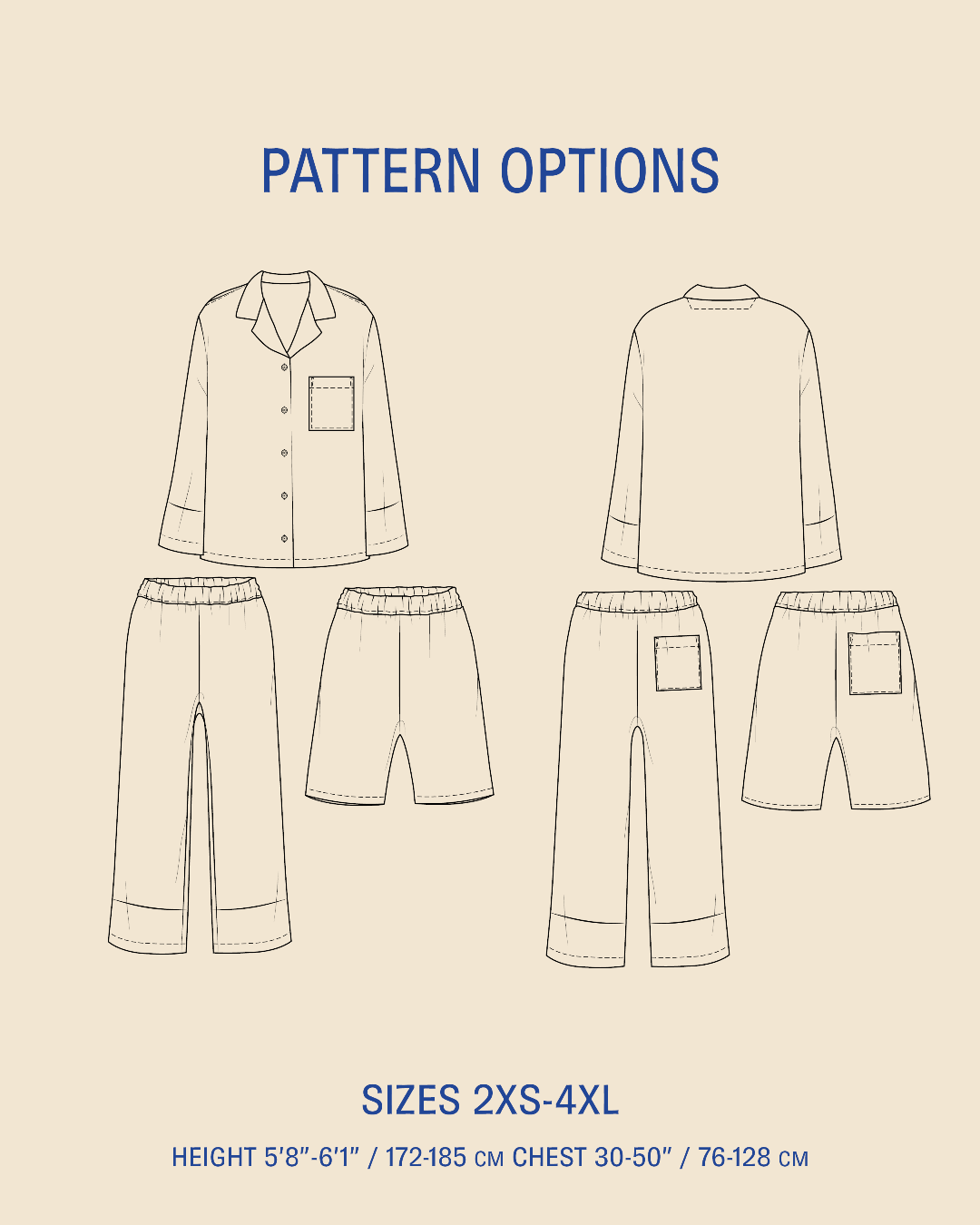 Pattern options diagram showing front and back line drawings of a long-sleeve button-front top with matching shorts, on a beige background with blue text reading 'PATTERN OPTIONS' and size information.
