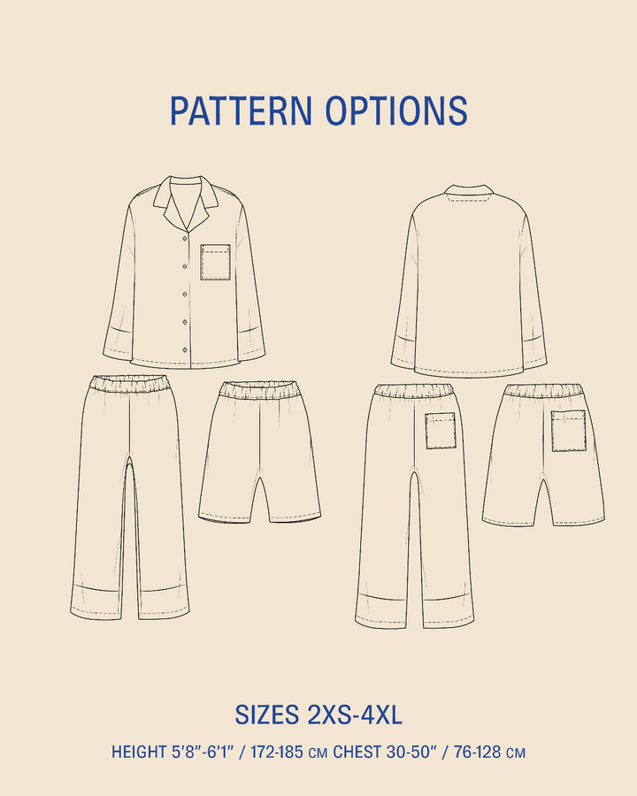 Pattern options diagram showing front and back line drawings of a long-sleeve button-front top with matching shorts, on a beige background with blue text reading 'PATTERN OPTIONS' and size information.