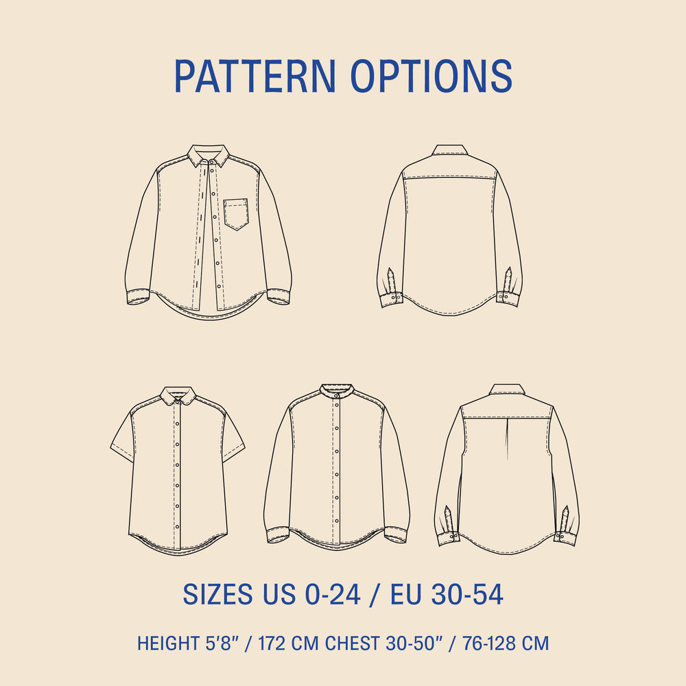 Women's shirt sewing pattern with long sleeve and short sleeve options, front and back views, sizes US 0–24 (EU 30–54).