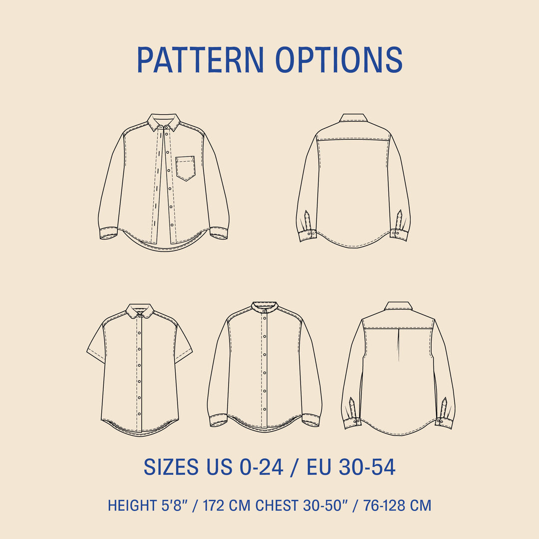 Women's shirt sewing pattern with long sleeve and short sleeve options, front and back views, sizes US 0–24 (EU 30–54).