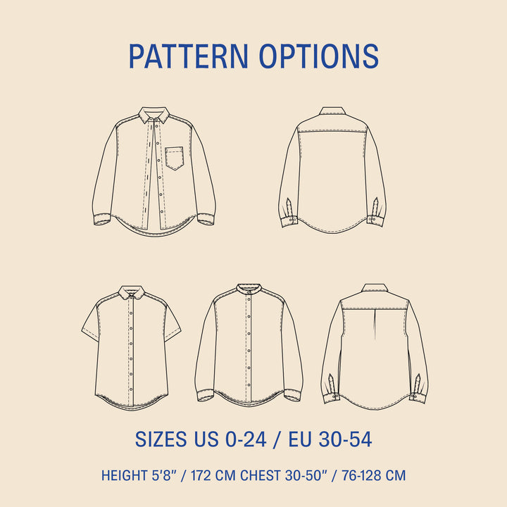 Women's shirt sewing pattern with long sleeve and short sleeve options, front and back views, sizes US 0–24 (EU 30–54).