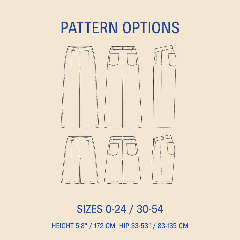 Bermuda Pants and Shorts Sewing Pattern, showing different sizes and styles options for pants and shorts.