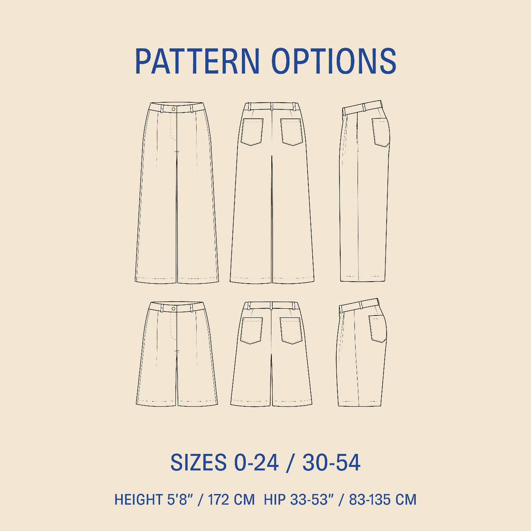 Bermuda Pants and Shorts Sewing Pattern, showing different sizes and styles options for pants and shorts.