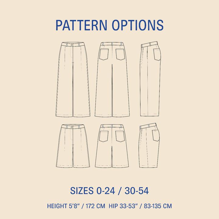 Bermuda Pants and Shorts Sewing Pattern, showing different sizes and styles options for pants and shorts.