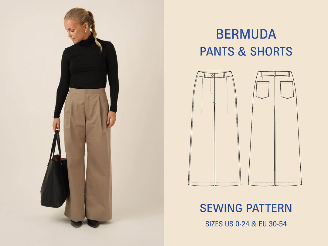 Bermuda Pants and Shorts Sewing Pattern shown on model with deep pockets and loose fit design.