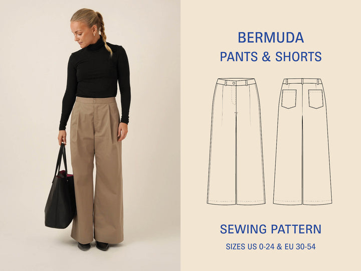 Bermuda Pants and Shorts Sewing Pattern shown on model with deep pockets and loose fit design.
