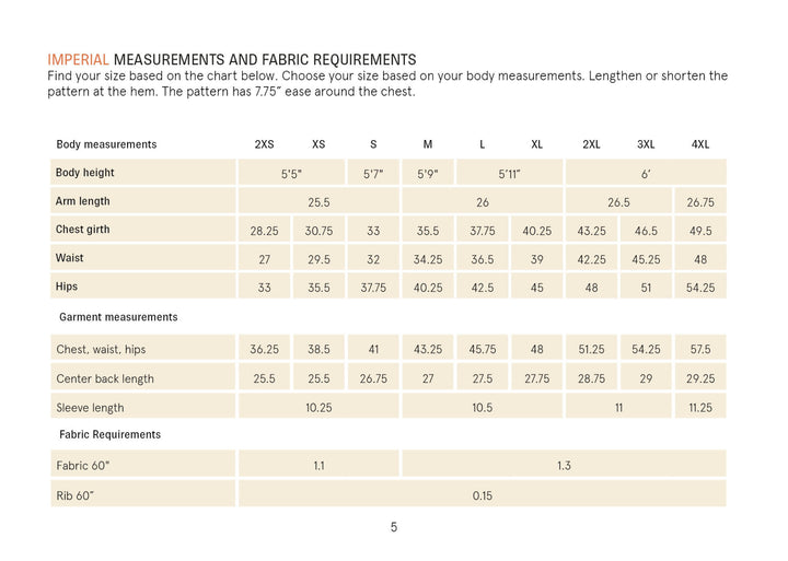 Big T-shirt sewing pattern, Measurement chart for fabric requirements with body and garment measurements.