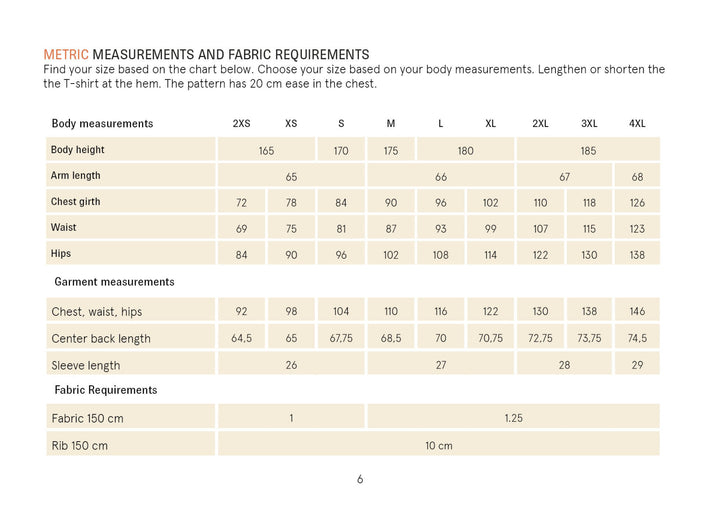 Big T-shirt sewing pattern, Size chart for metric measurements and fabric requirements on a white background