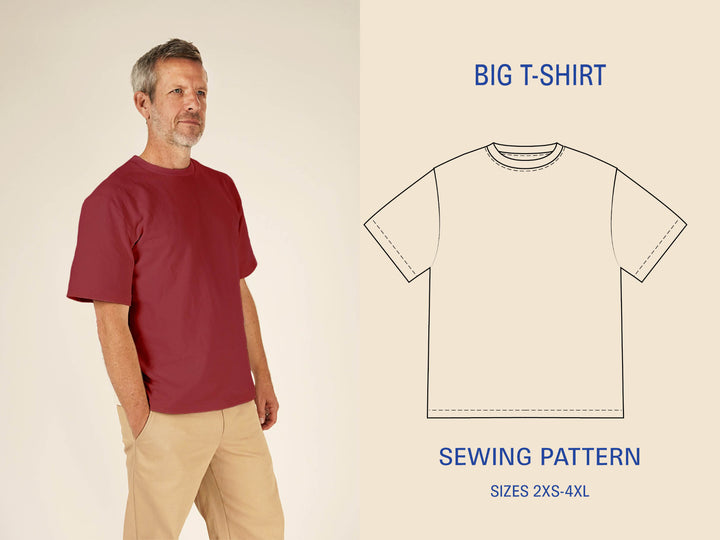 A man wearing a relaxed Big T-shirt sewing pattern in Red color, paired with beige pants and sneakers.