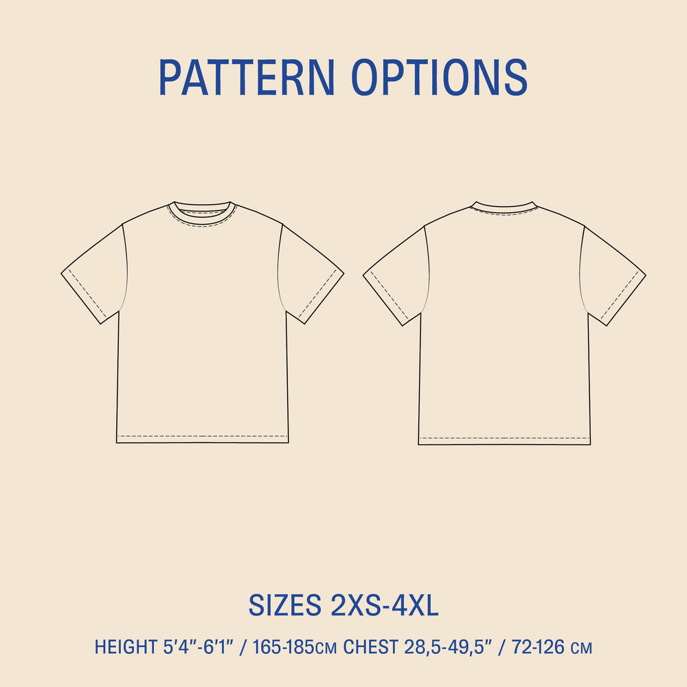 Big T-shirt sewing pattern size options illustration showing front and back views for sizes 2XS-4XL.