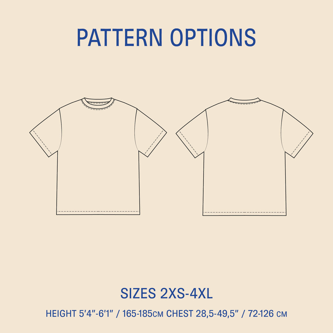 Big T-shirt sewing pattern size options illustration showing front and back views for sizes 2XS-4XL.