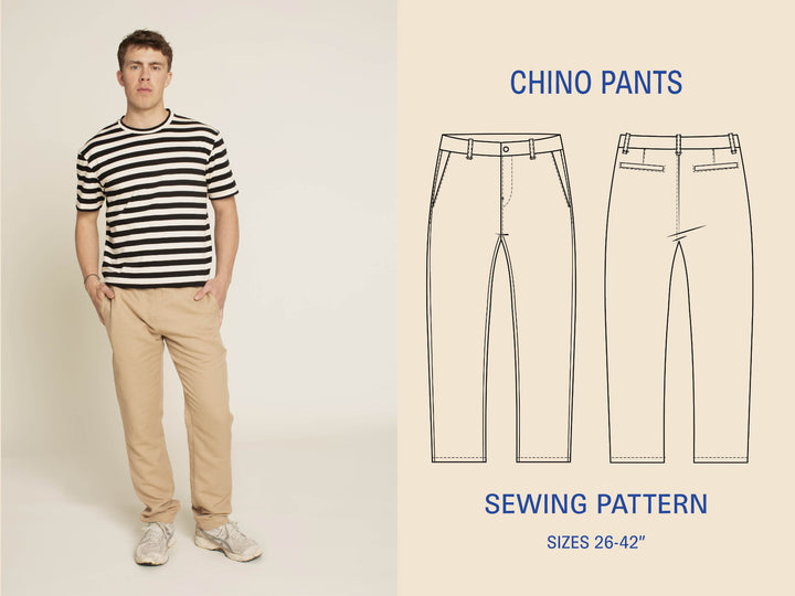 Man wearing chino pants with sewing pattern illustrations on a beige background