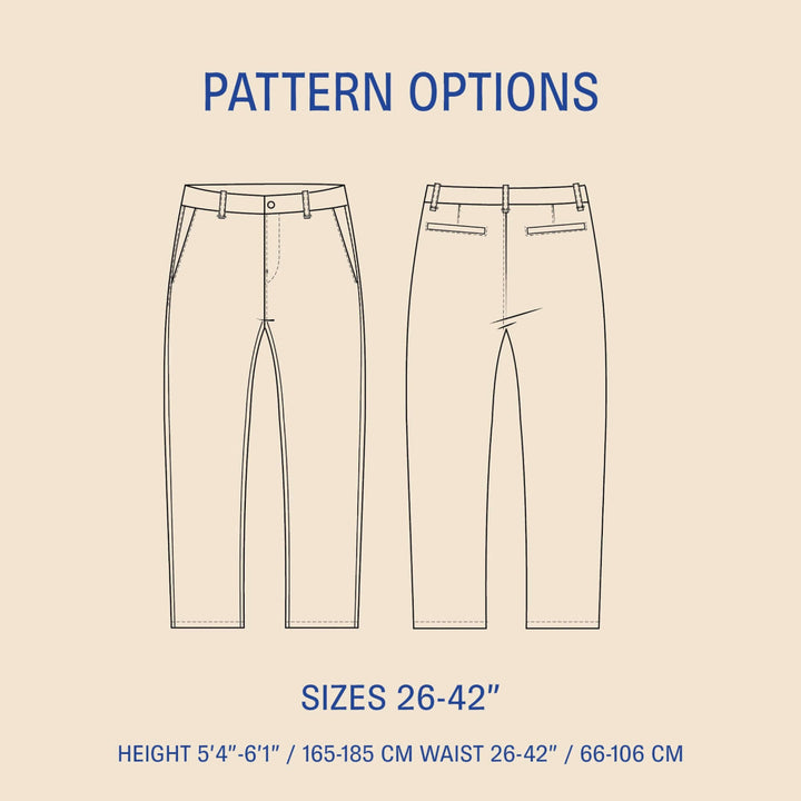 Chino Pants Paper Pattern size options illustration with measurements ranging from sizes 26-42.