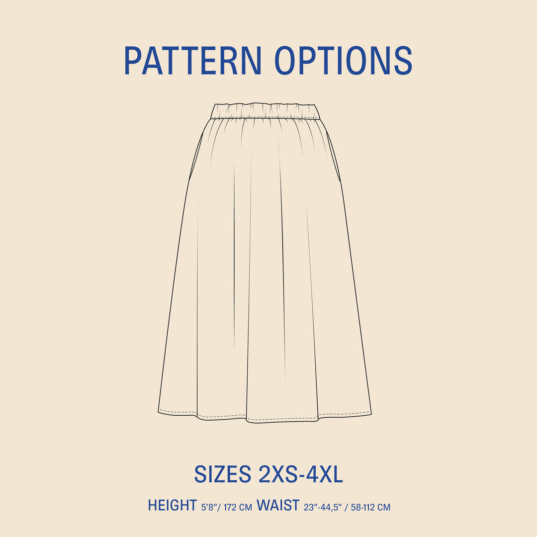Claude Skirt Sewing Pattern in sizes 2XS-4XL, featuring an elastic waistband and practical side-seam pockets.