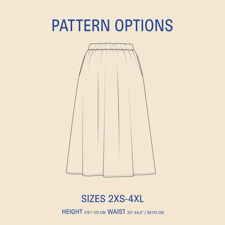 Claude Skirt Sewing Pattern in sizes 2XS-4XL, featuring an elastic waistband and practical side-seam pockets.