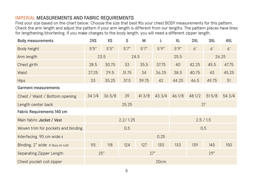 Cozy Fleece measurement chart