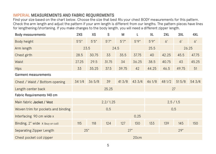 Cozy Fleece measurement chart