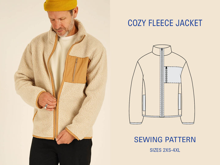 Man wearing a beige fleece jacket with a sewing pattern illustration on a beige background