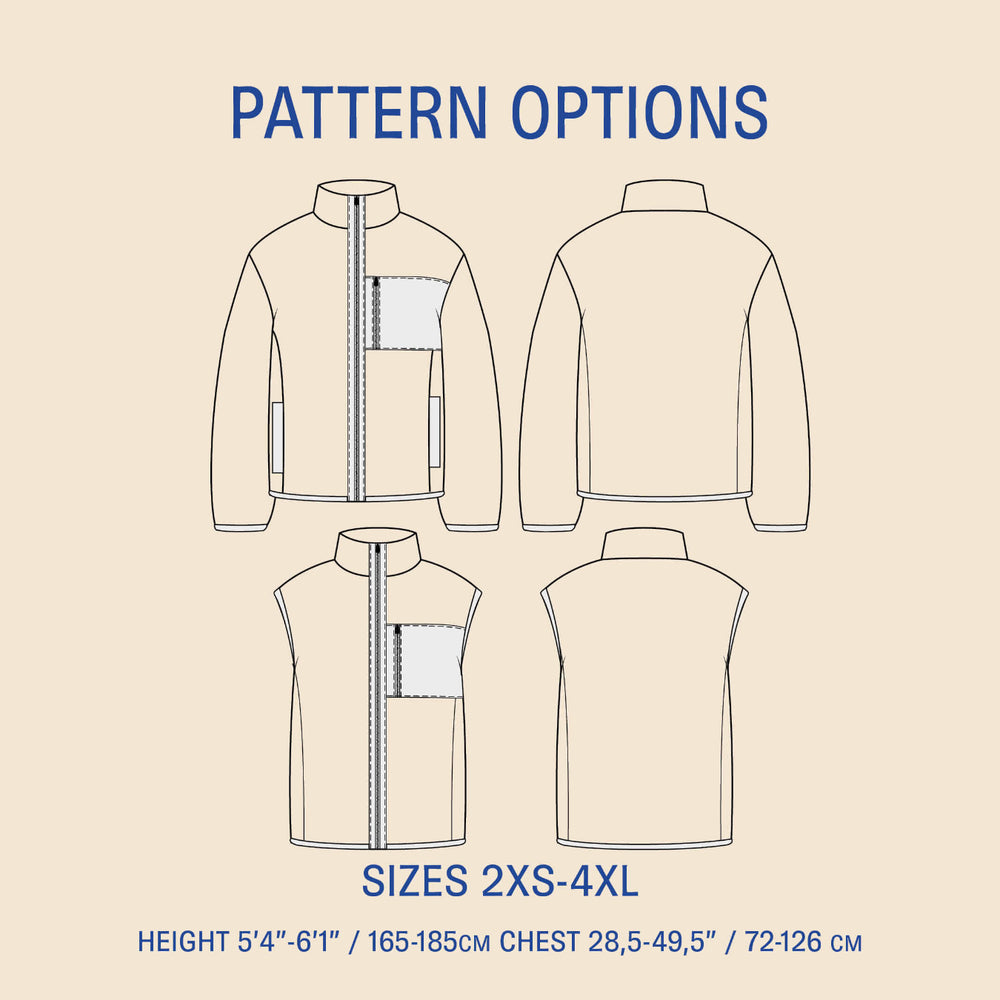 Pattern options for a jacket with size and height specifications on a beige background