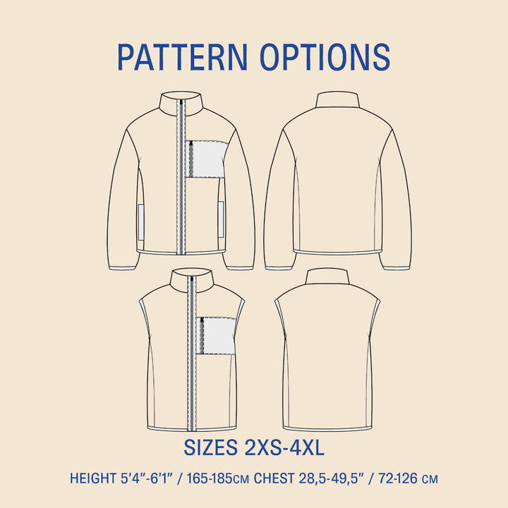 Pattern options for a jacket with size and height specifications on a beige background